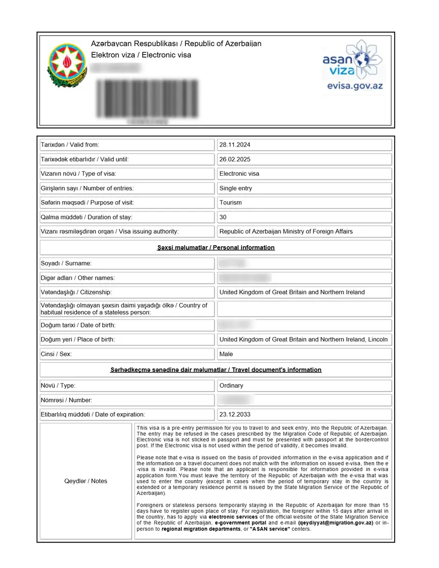 Example of an Azerbaijan e-Visa document